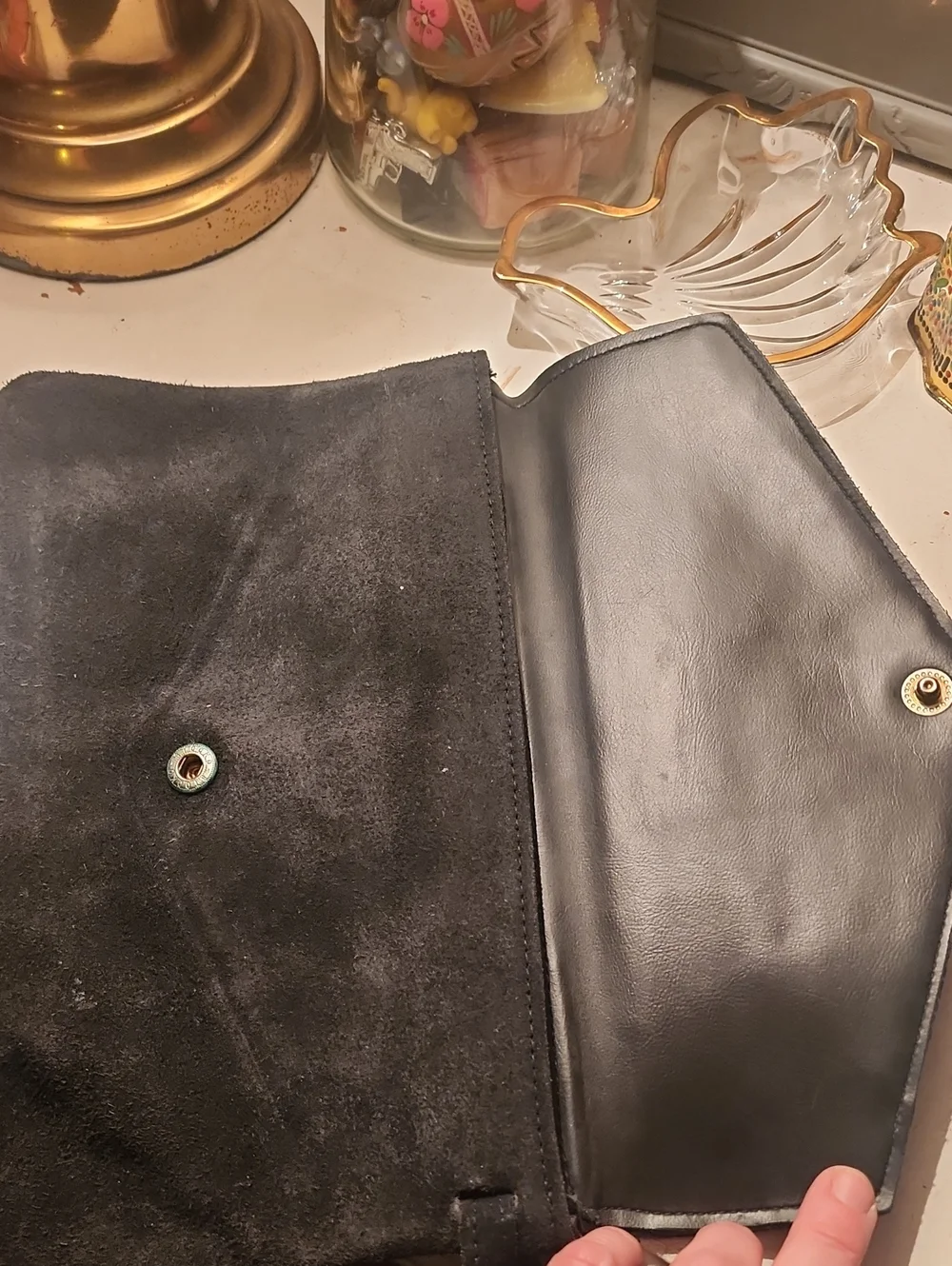 Black Suede Wristlet Clutch with Woven Detail